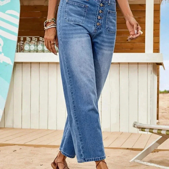 Medium Wash Casual Women's Loose Fitting Straight Leg Blue Denim Jeans - Picture 4 of 6